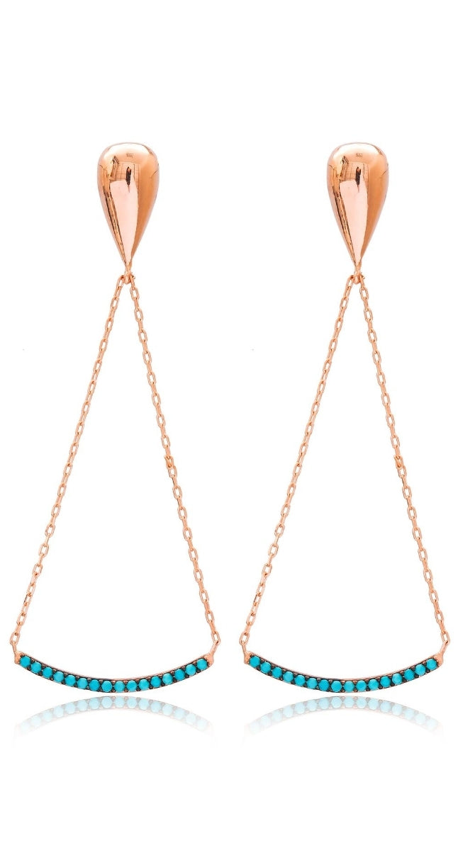 aegeanblue turqoise stone long earrings handmade in 925 sterling silver and rose gold