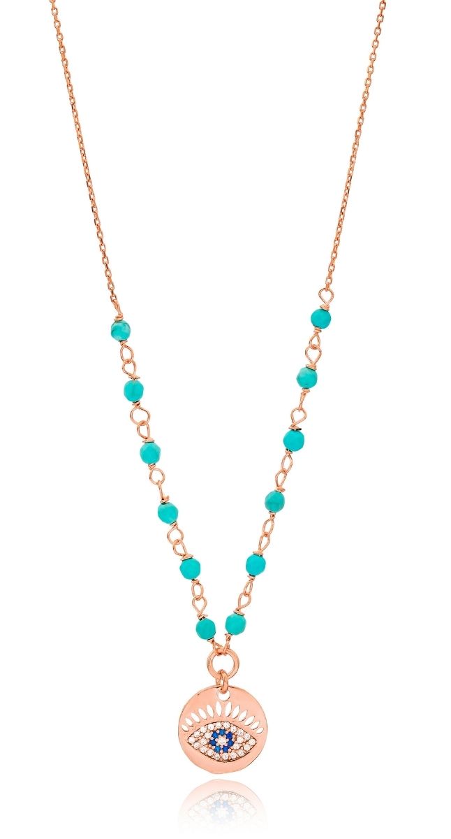 aegeanblue turquoise stone komboloi eye necklace - handmade in sterling silver with rose gold plating
