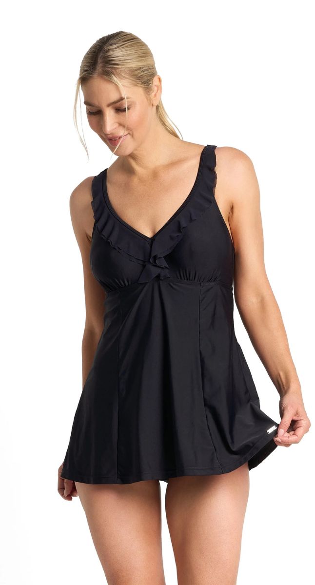 Cosmo Mesh Ruffle Swim Dress One Piece Swimsuit - Black