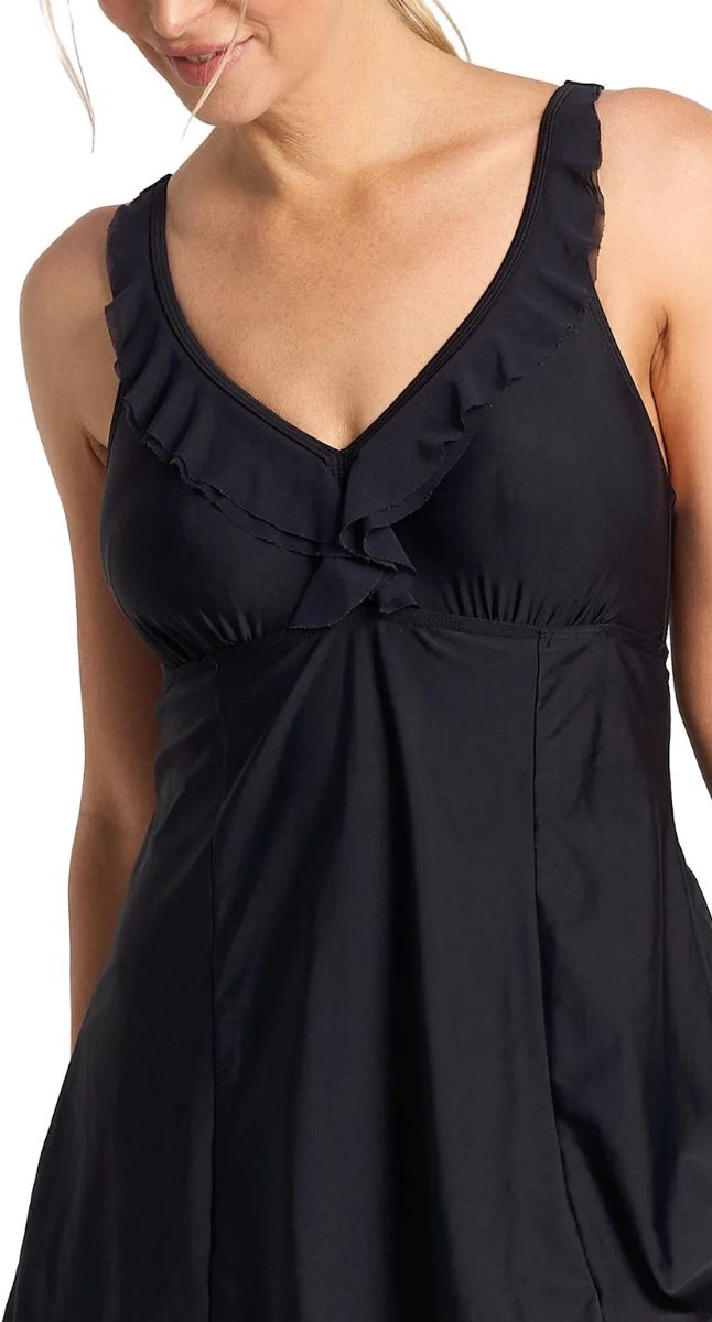 Cosmo Mesh Ruffle Swim Dress One Piece Swimsuit - Black