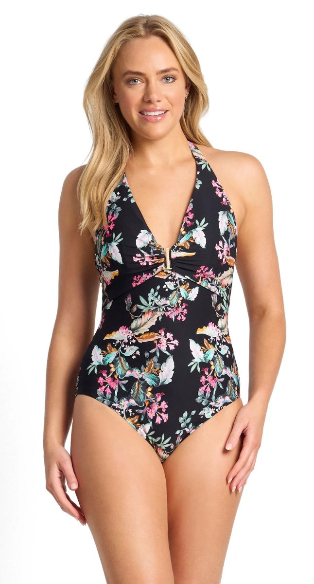Viola Bar Halter One Piece Swimsuit - Black