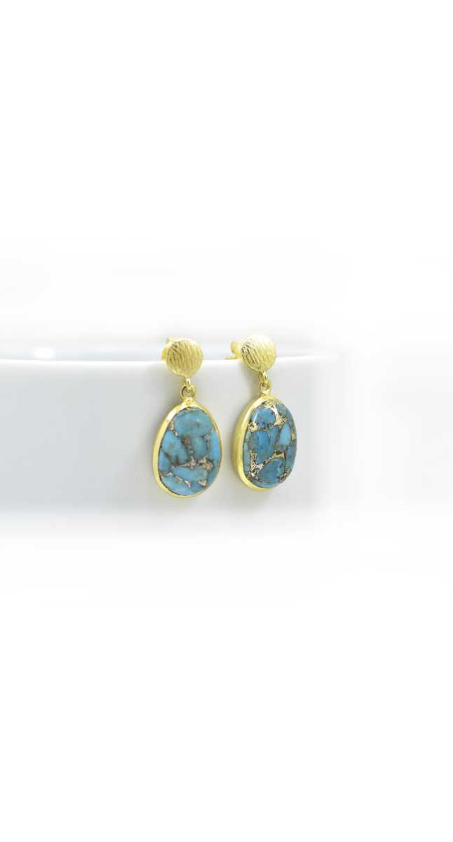 aegeanblue Blue Copper Turquoise Earrings Stone Size: 15×12 mm Total Length: 26 mm Gold Plated – Sterling Silver 925