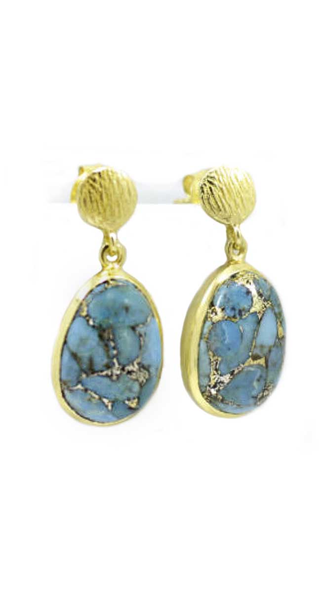 aegeanblue Blue Copper Turquoise Earrings Stone Size: 15×12 mm Total Length: 26 mm Gold Plated – Sterling Silver 925