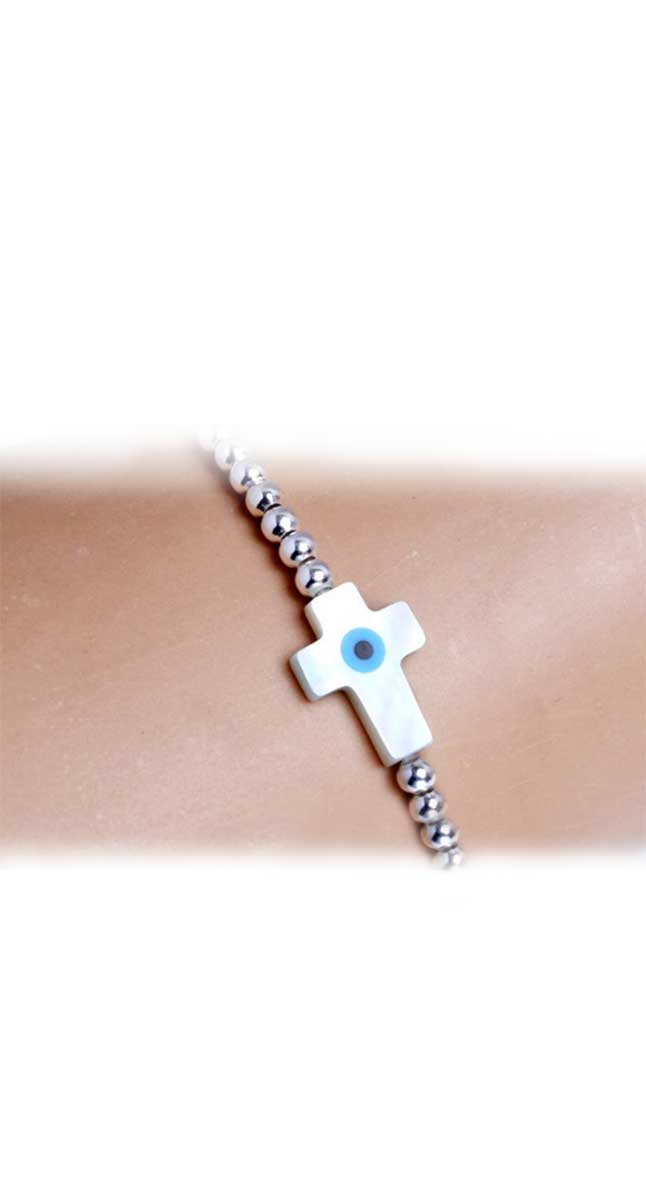 Aegean Blue Cross Mother of Pearl 925 Silver Bead Bracelet