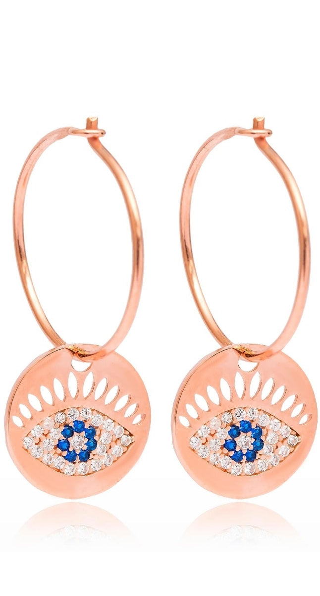 aegeanblue blue eye hoop earrings handmade in 925 sterling silver and rose gold