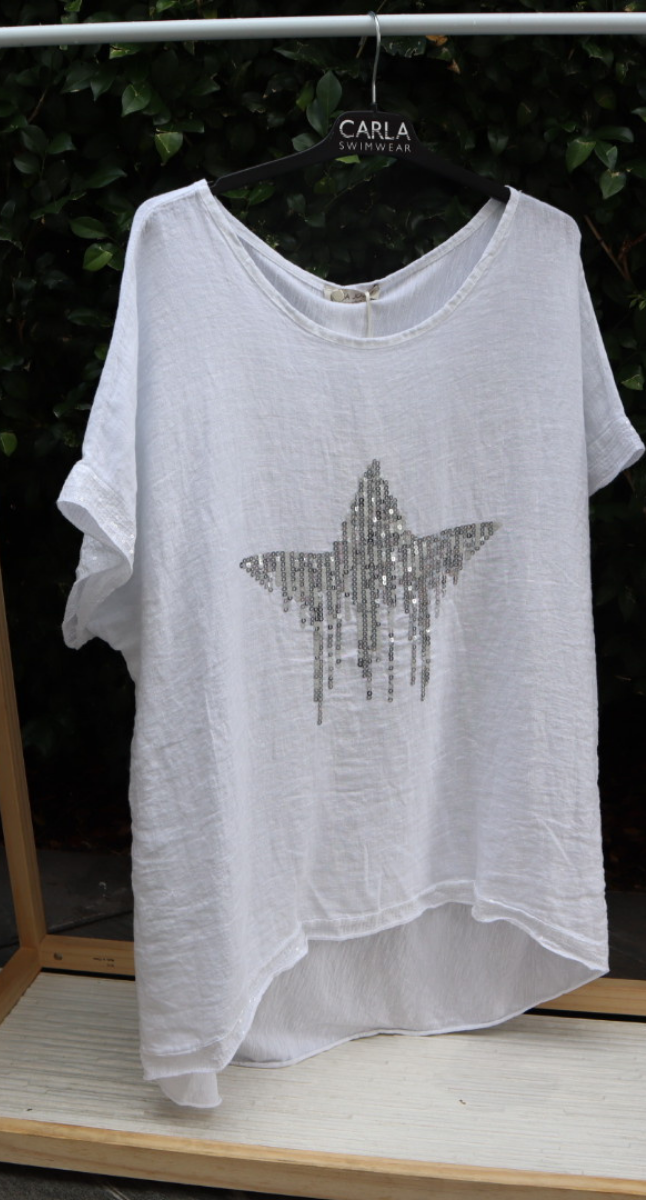 Fallen Star Linen Cotton Sequin Short Sleeve Top Made In Italy