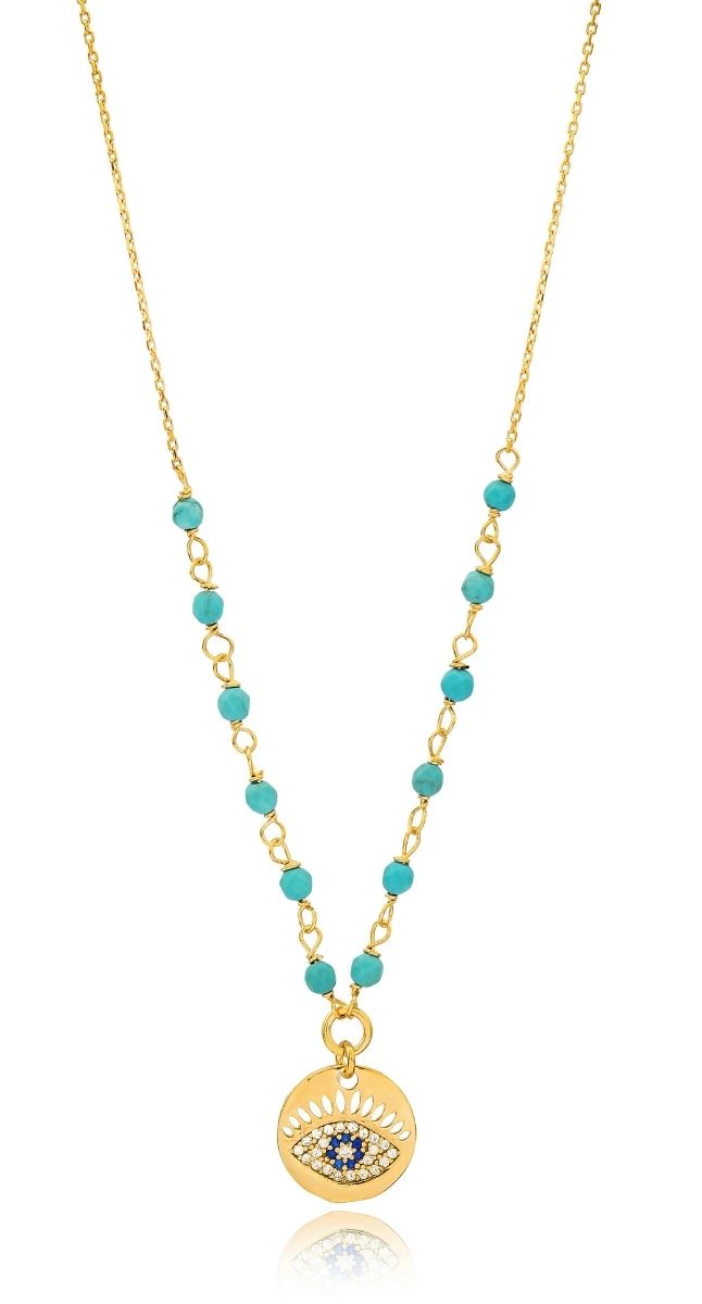 aegeanblue turquoise stone komboloi eye necklace - handmade in sterling silver with gold plating